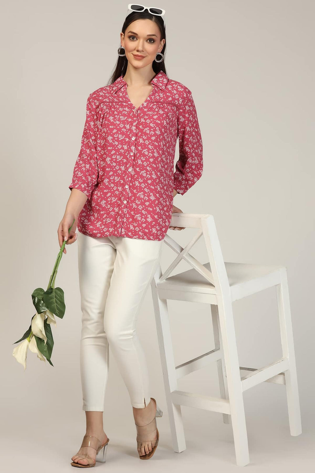 Dark Pink Printed Rayon Dobby Crepe Shirt