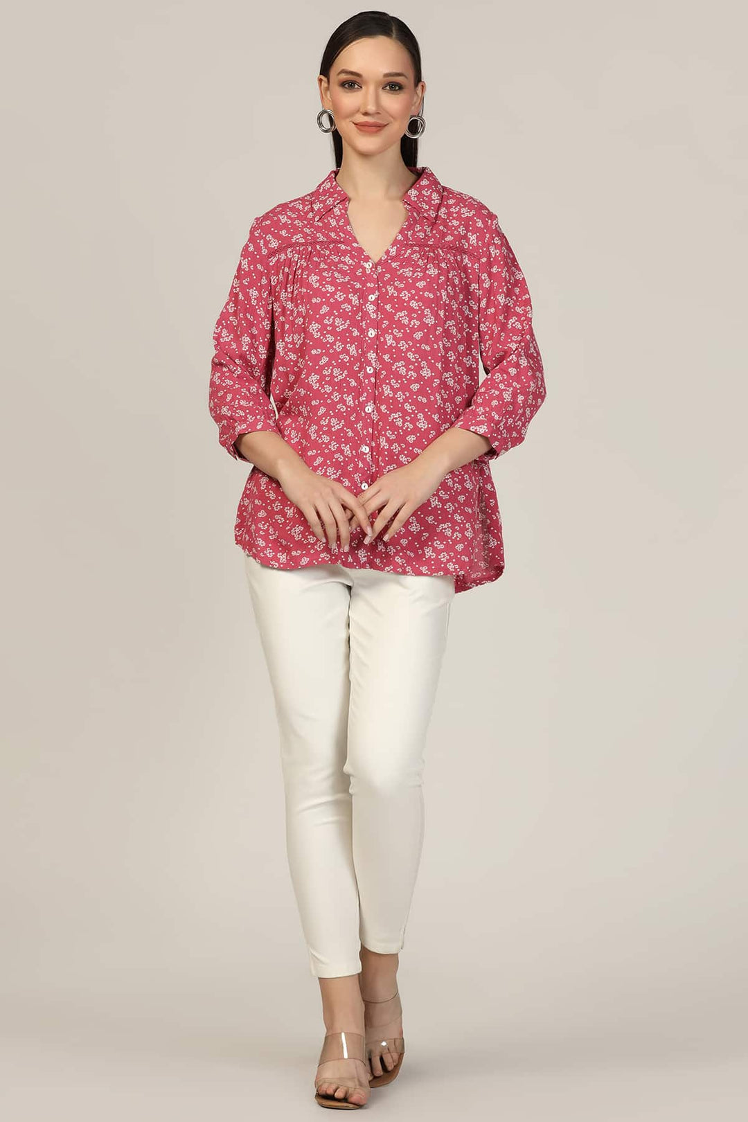Dark Pink Printed Rayon Dobby Crepe Shirt