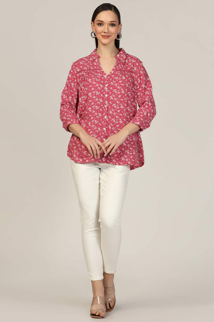 Dark Pink Printed Rayon Dobby Crepe Shirt