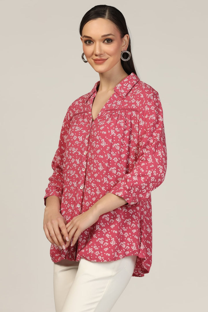 Dark Pink Printed Rayon Dobby Crepe Shirt