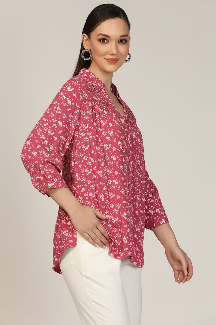 Dark Pink Printed Rayon Dobby Crepe Shirt