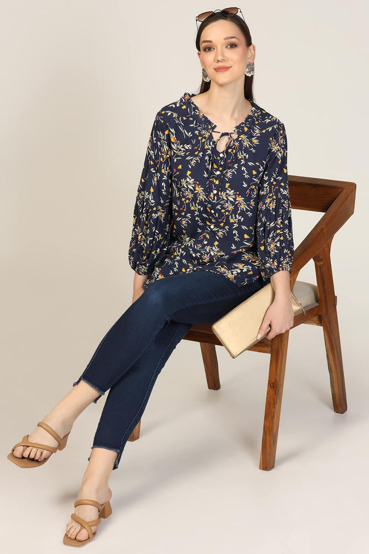 Blue Printed Rayon Crepe Casual Top