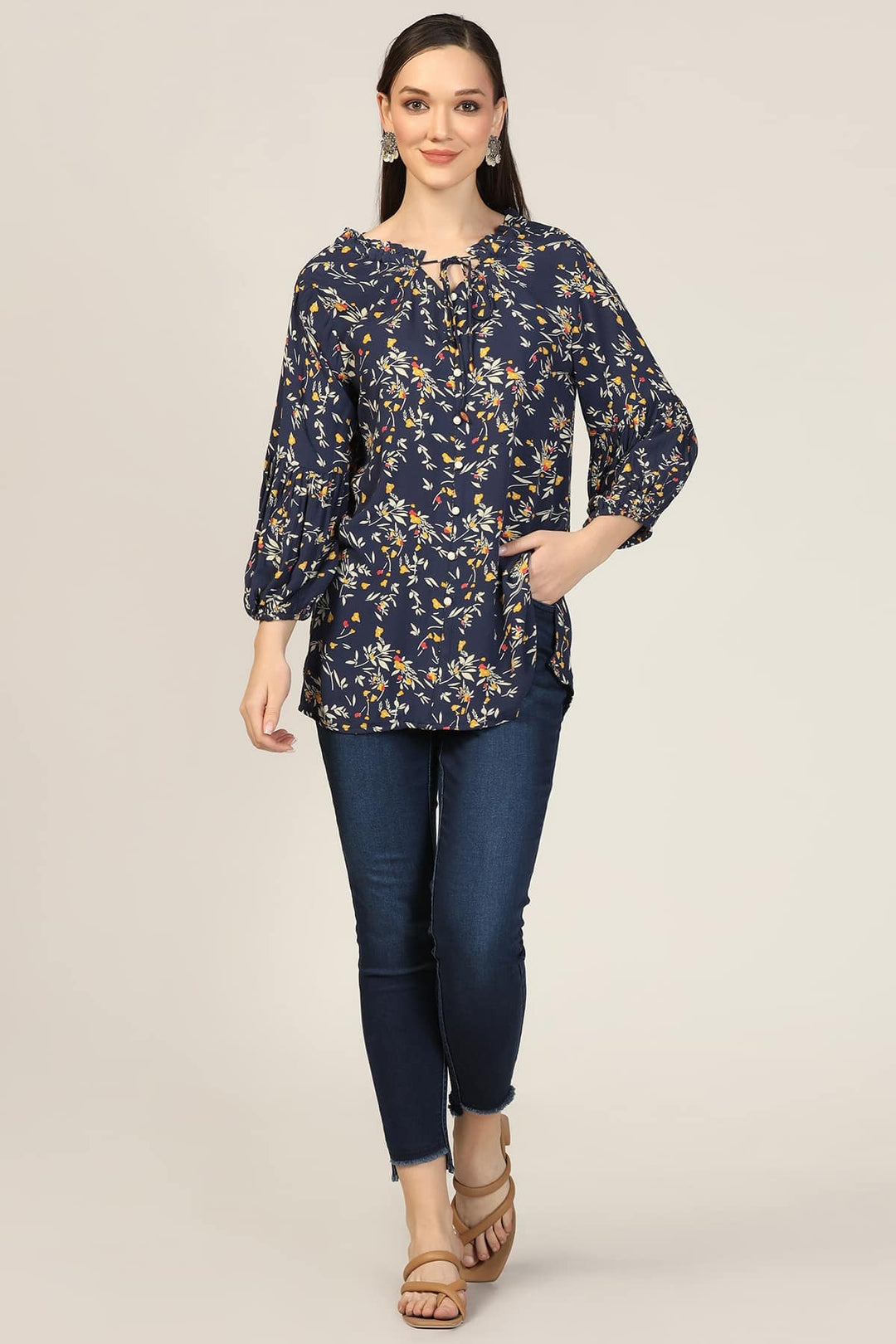 Blue Printed Rayon Crepe Casual Top