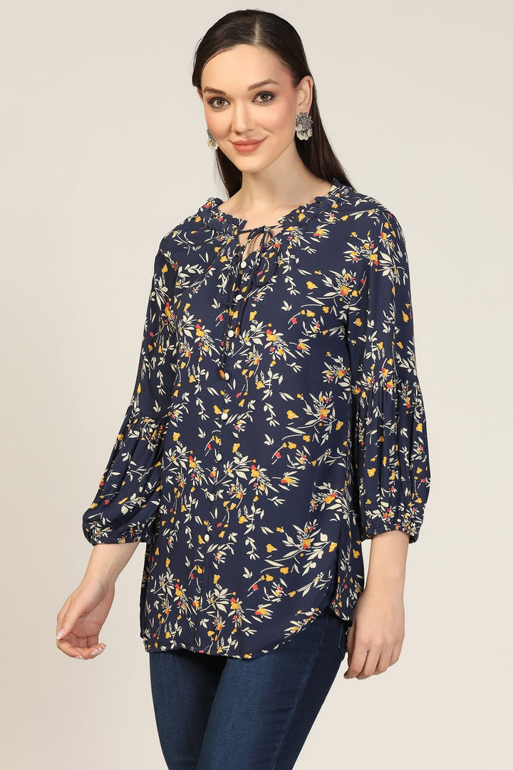 Blue Printed Rayon Crepe Casual Top