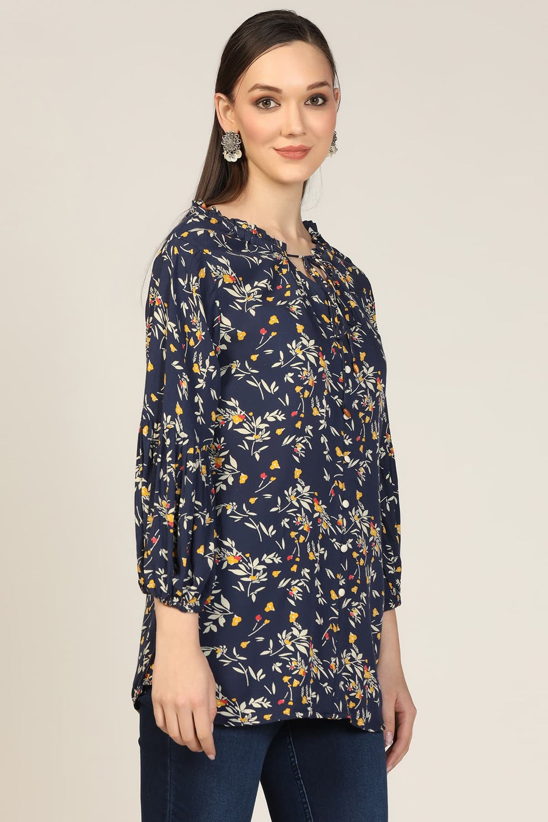 Blue Printed Rayon Crepe Casual Top
