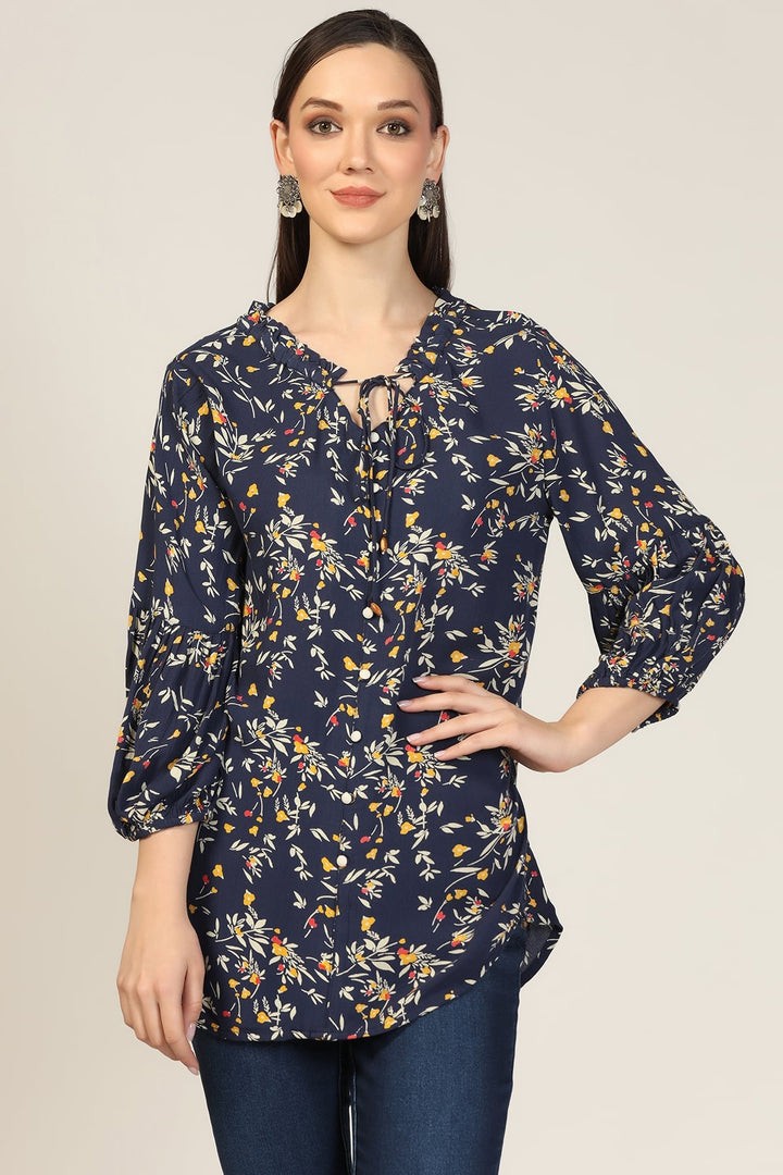 Blue Printed Rayon Crepe Casual Top