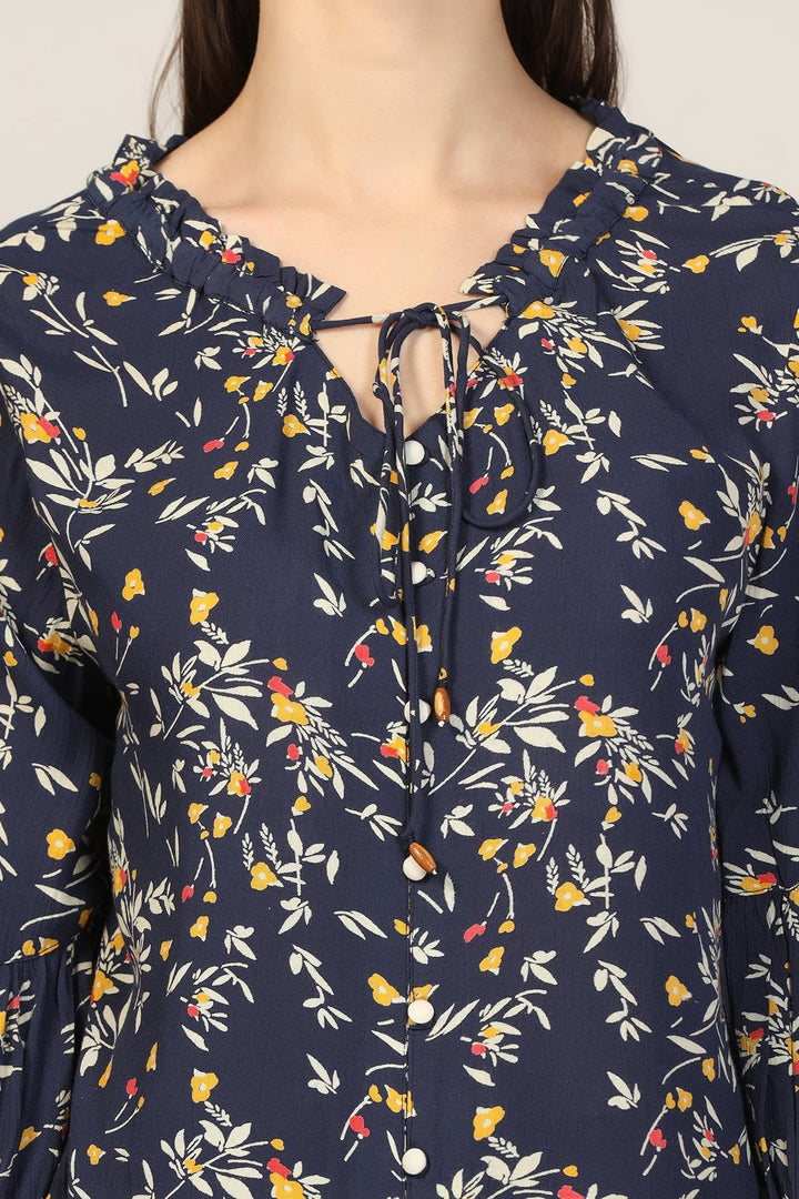 Blue Printed Rayon Crepe Casual Top