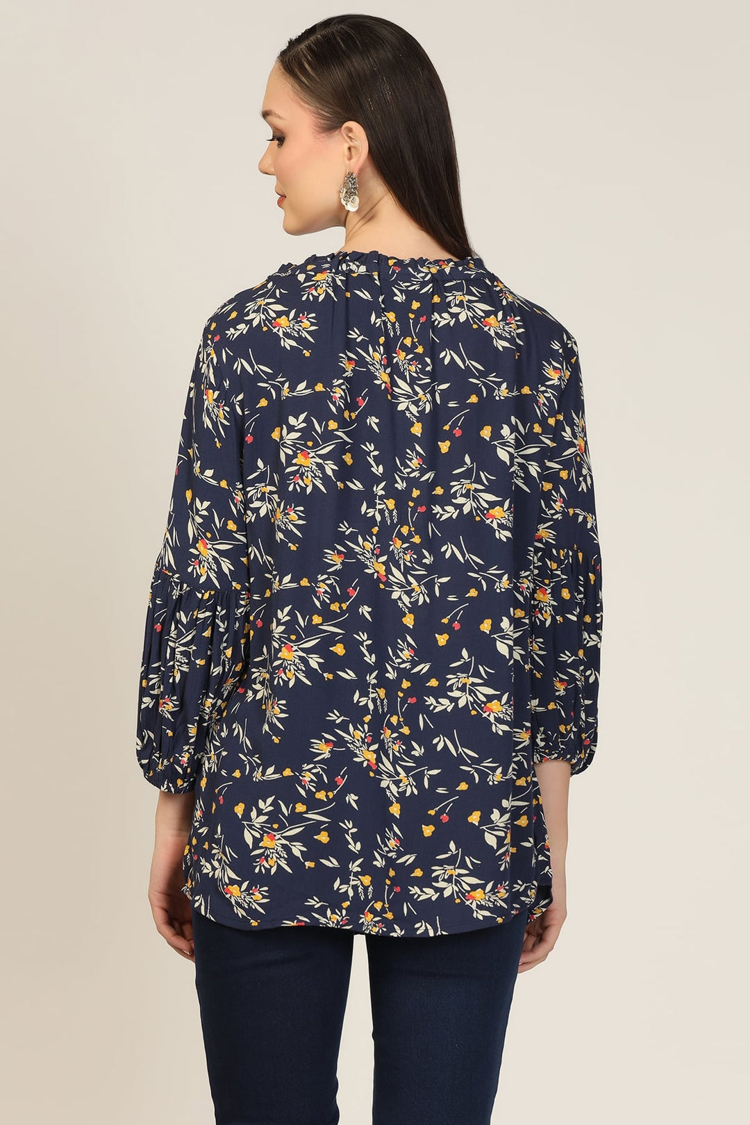 Blue Printed Rayon Crepe Casual Top