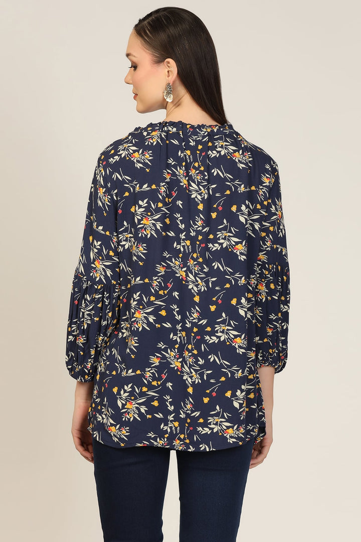 Blue Printed Rayon Crepe Casual Top