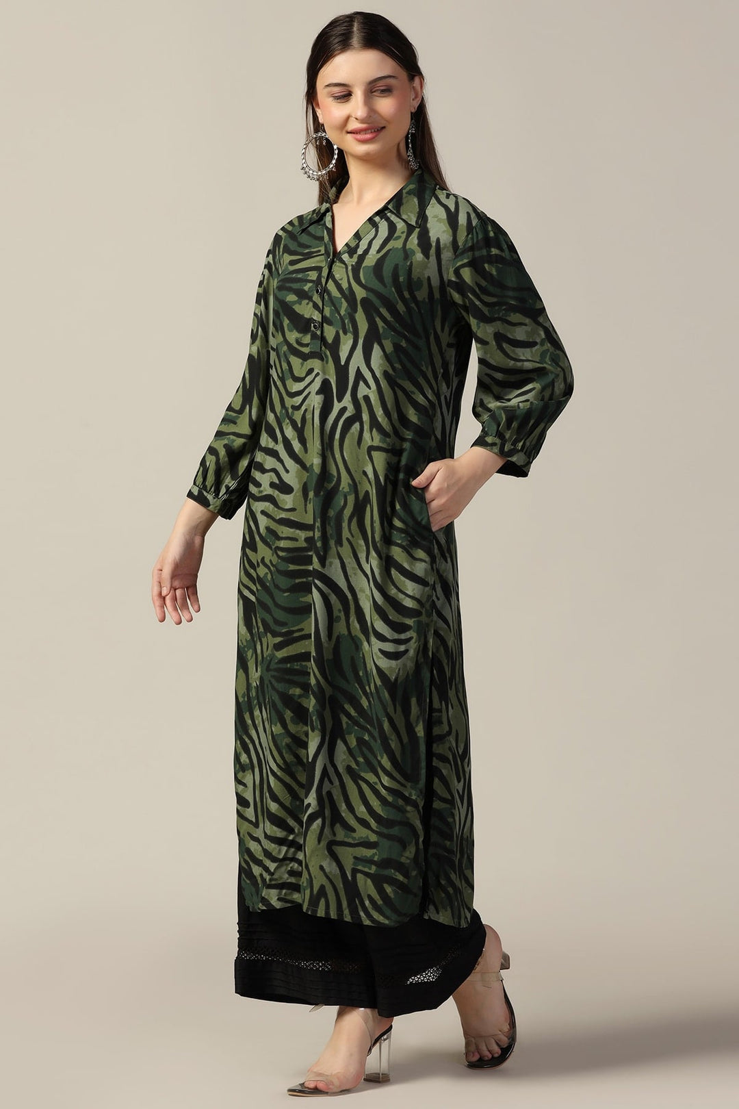 Green Printed Rayon Collared Kurti