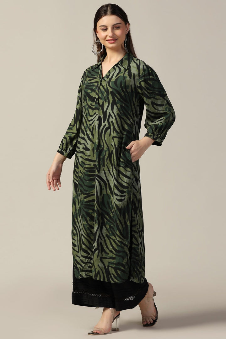 Green Printed Rayon Collared Kurti