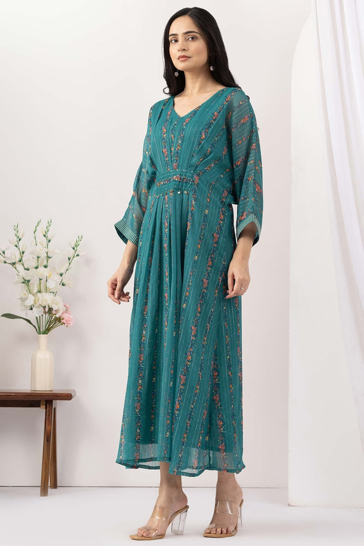 Green Chiffon Lurex Printed Kaftan with Kimono Sleeves
