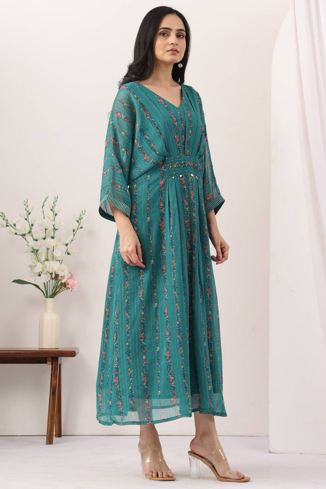 Green Chiffon Lurex Printed Kaftan with Kimono Sleeves