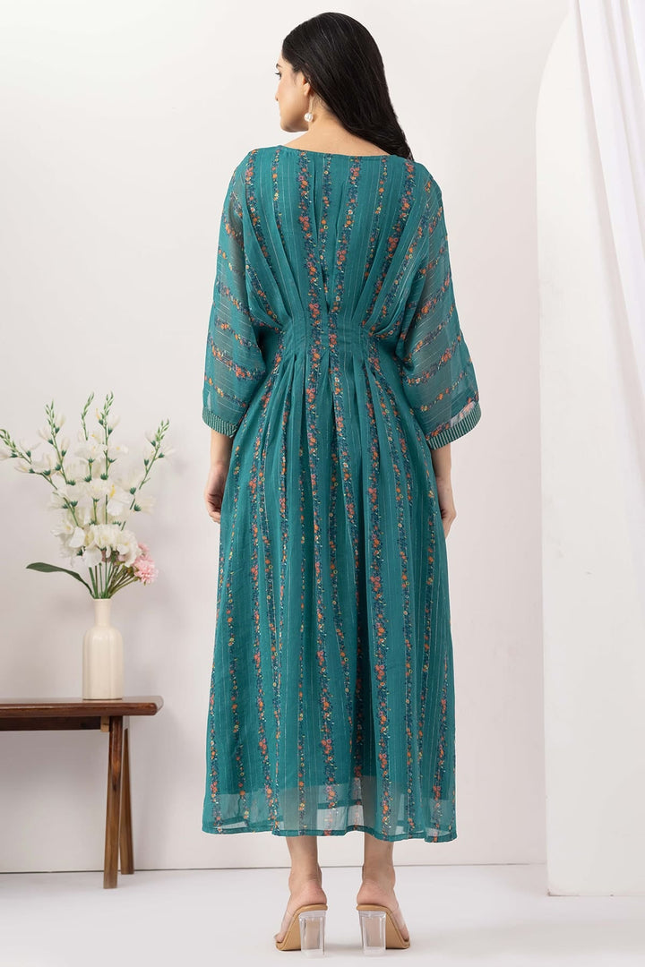 Green Chiffon Lurex Printed Kaftan with Kimono Sleeves