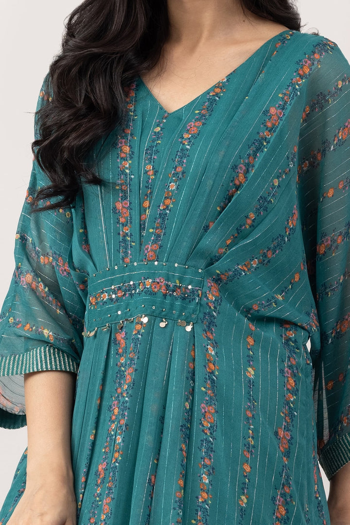 Green Chiffon Lurex Printed Kaftan with Kimono Sleeves