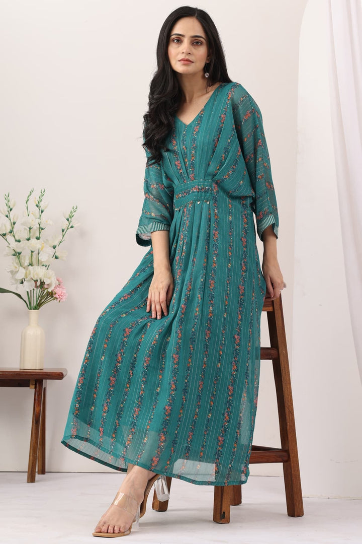 Green Chiffon Lurex Printed Kaftan with Kimono Sleeves