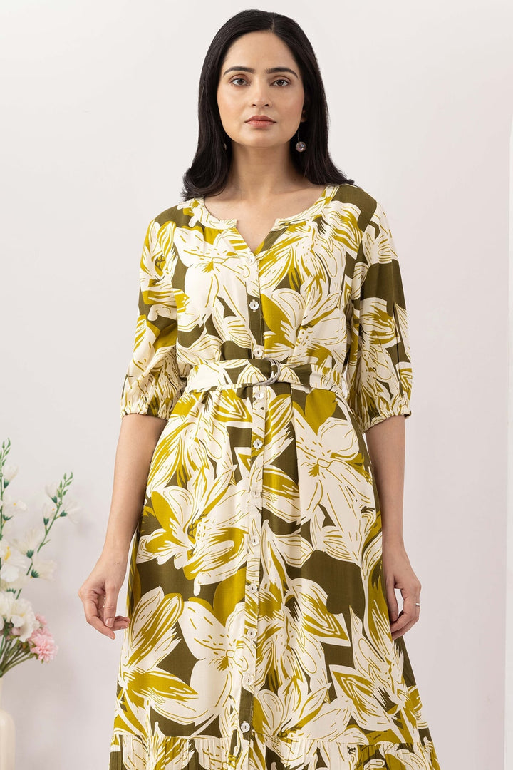 Olive Green Viscose Slub Printed Dress with Round Neck