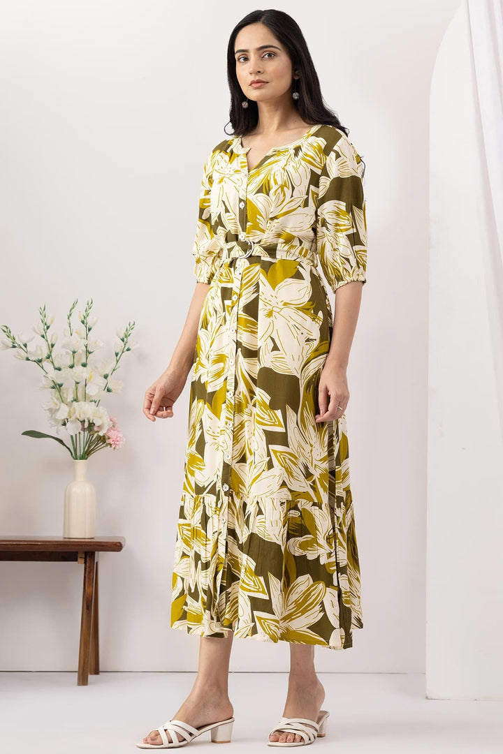 Olive Green Viscose Slub Printed Dress with Round Neck