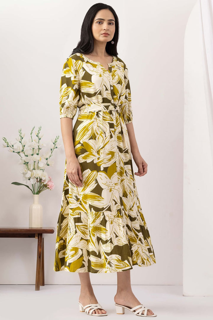 Olive Green Viscose Slub Printed Dress with Round Neck