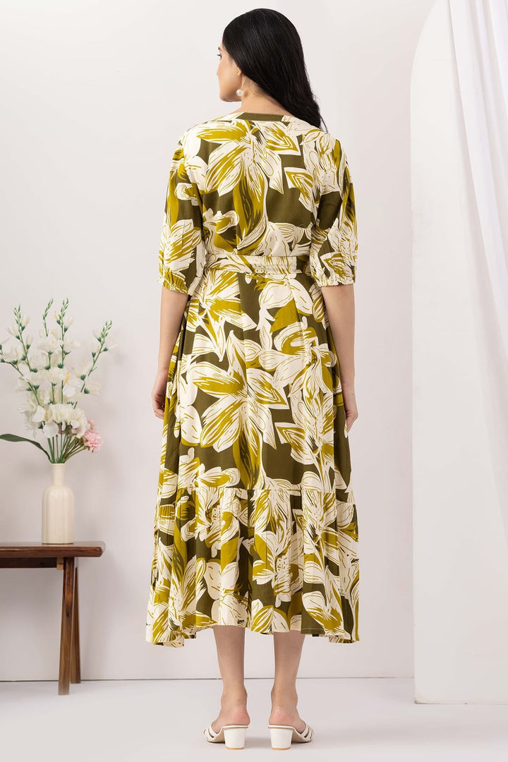 Olive Green Viscose Slub Printed Dress with Round Neck