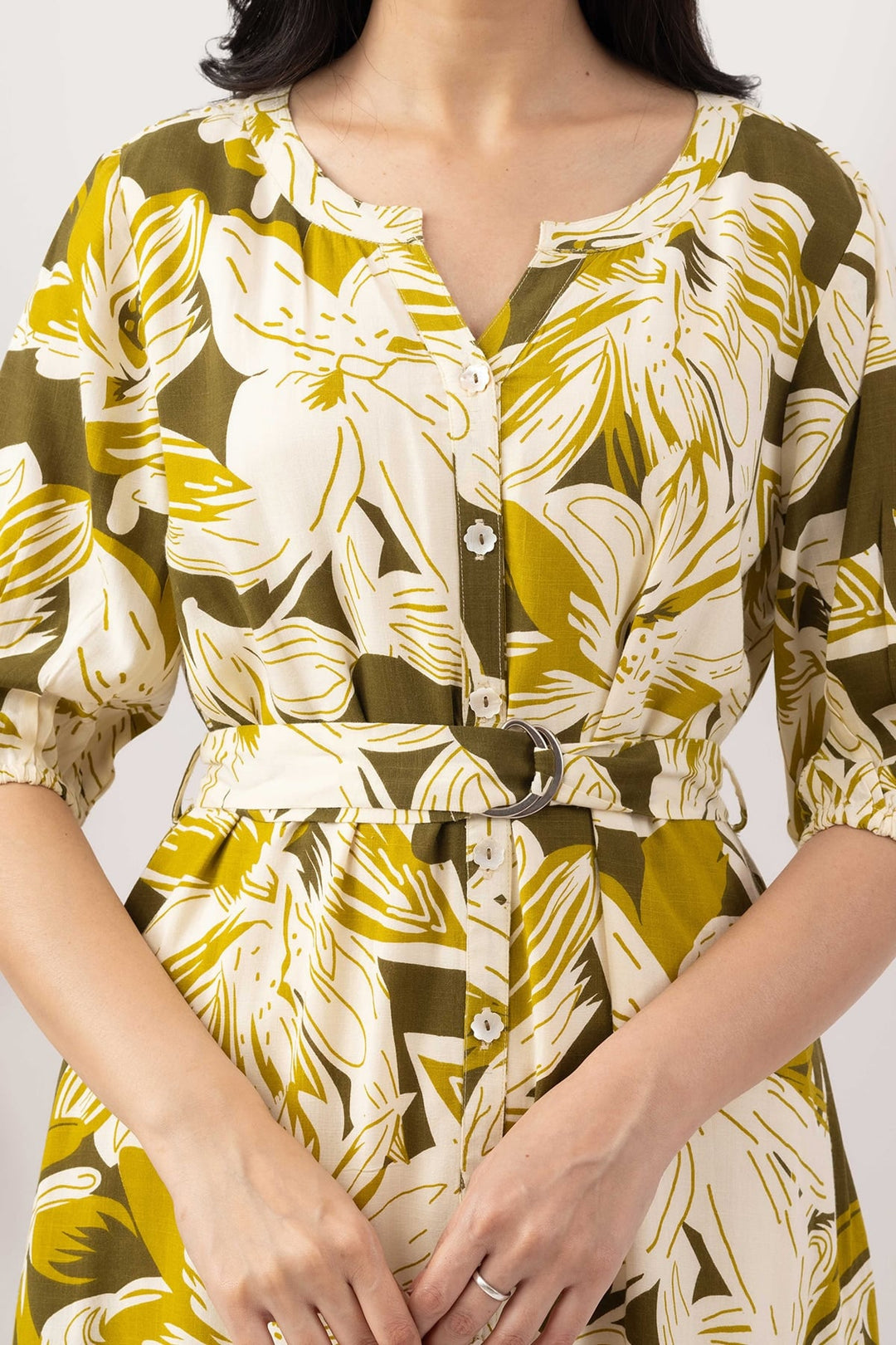 Olive Green Viscose Slub Printed Dress with Round Neck