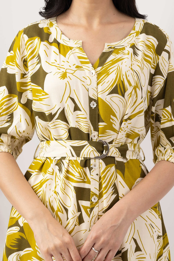 Olive Green Viscose Slub Printed Dress with Round Neck