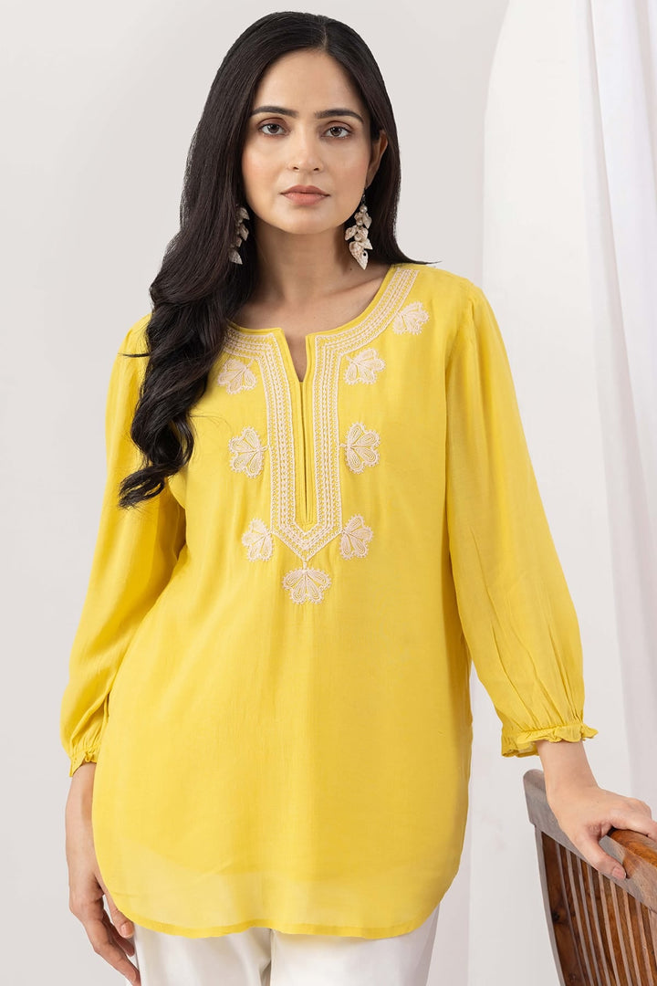 Yellow Viscose Georgette Round Neck Top with Regular Fit