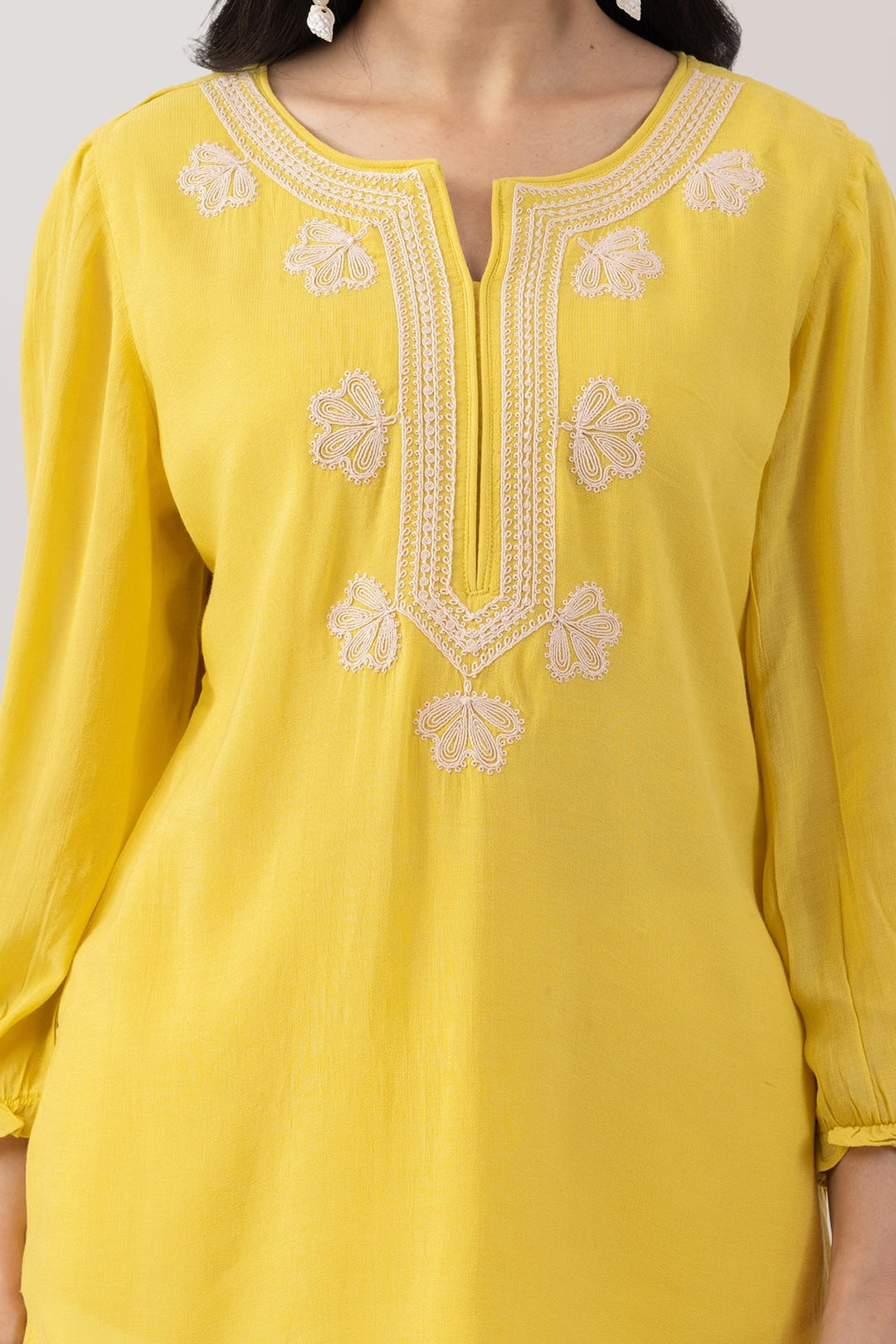 Yellow Viscose Georgette Round Neck Top with Regular Fit