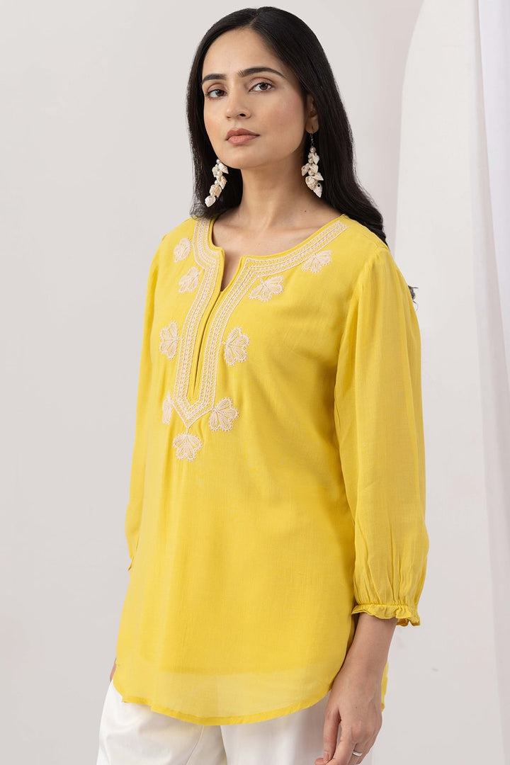Yellow Viscose Georgette Round Neck Top with Regular Fit