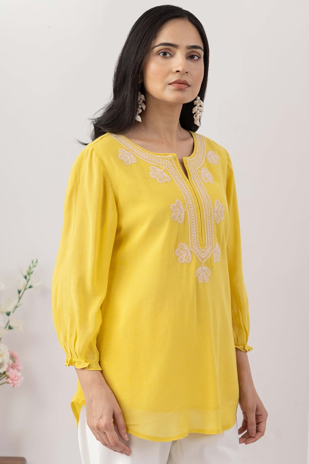 Yellow Viscose Georgette Round Neck Top with Regular Fit