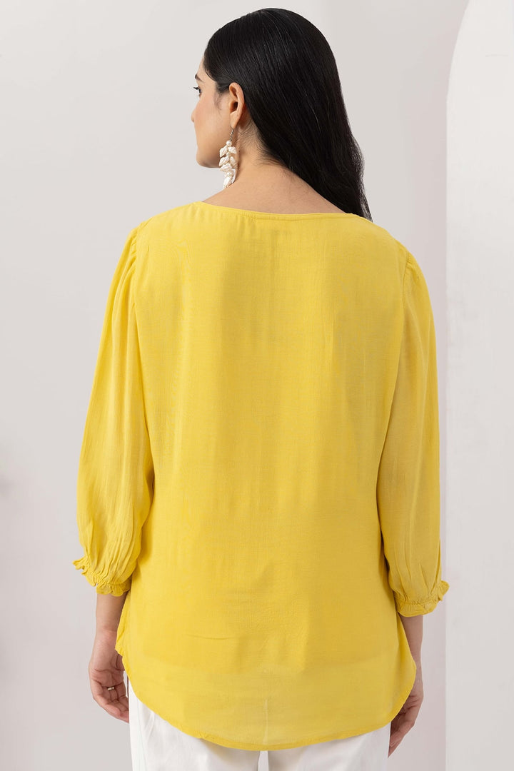 Yellow Viscose Georgette Round Neck Top with Regular Fit