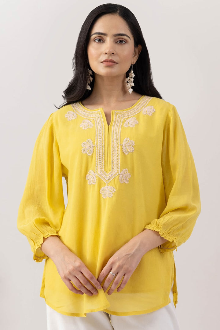 Yellow Viscose Georgette Round Neck Top with Regular Fit