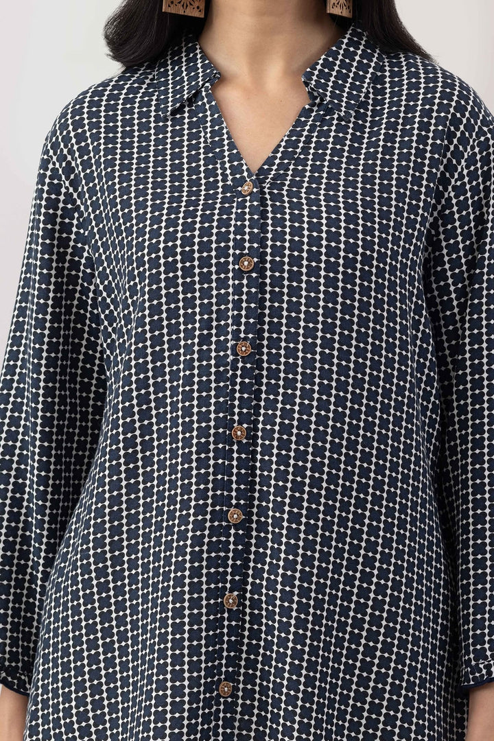 Navy Blue Viscose Slub Printed Shirt with Regular Fit