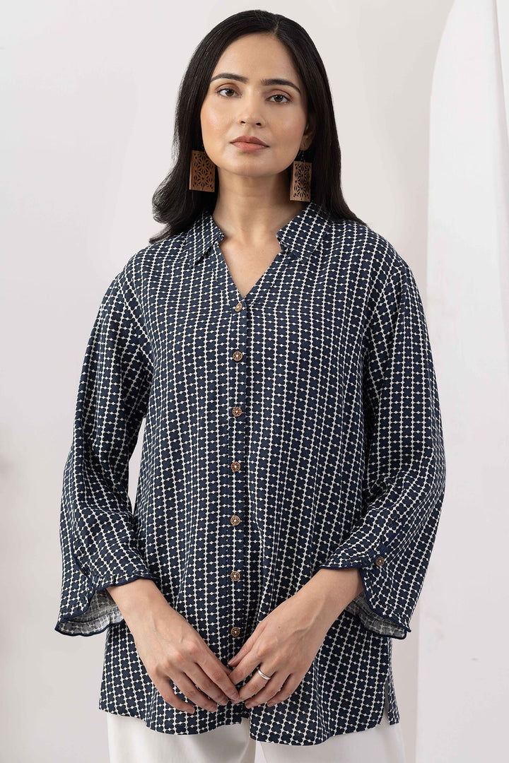 Navy Blue Viscose Slub Printed Shirt with Regular Fit