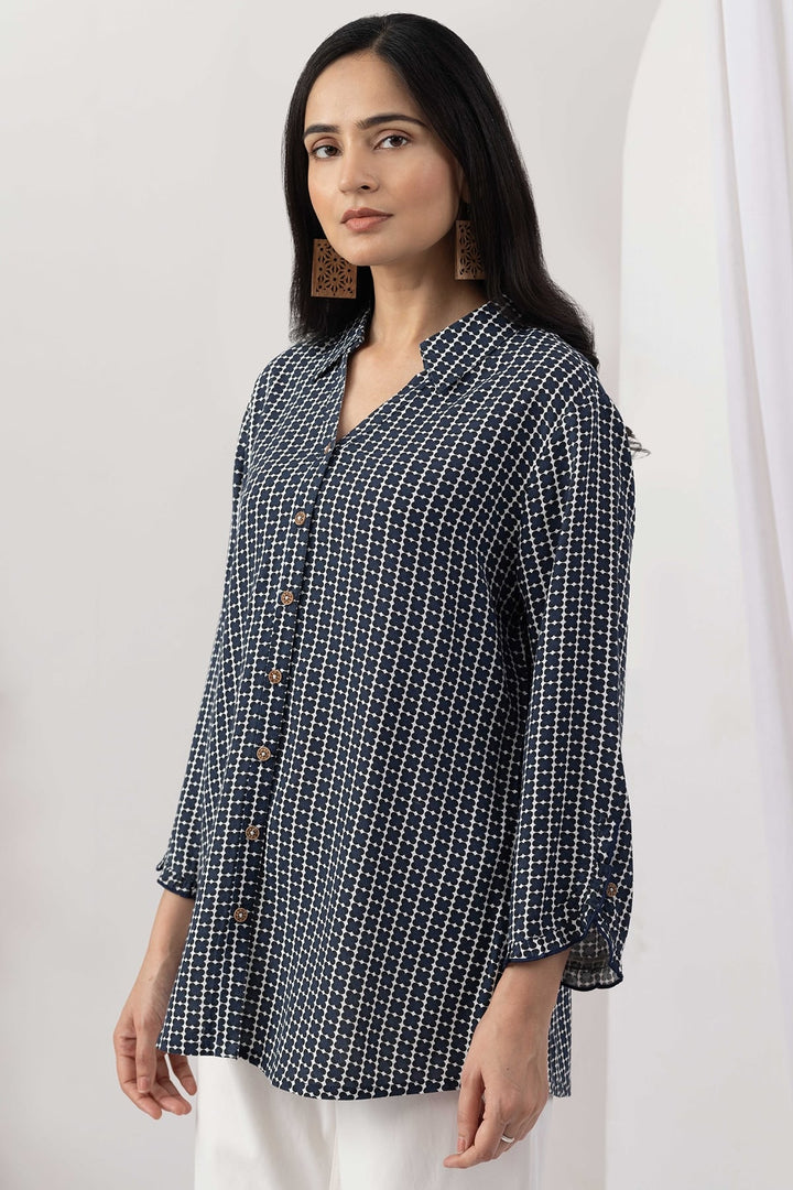 Navy Blue Viscose Slub Printed Shirt with Regular Fit