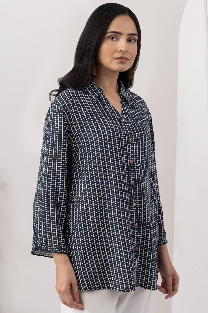 Navy Blue Viscose Slub Printed Shirt with Regular Fit
