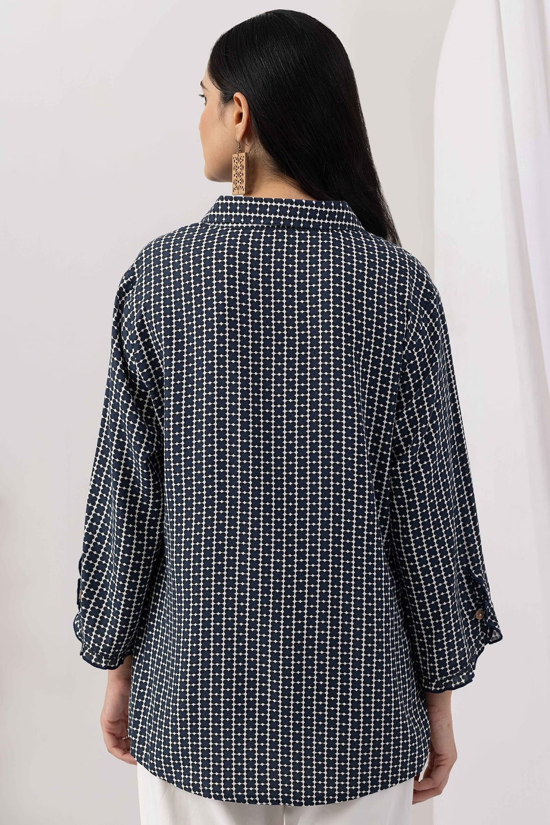 Navy Blue Viscose Slub Printed Shirt with Regular Fit