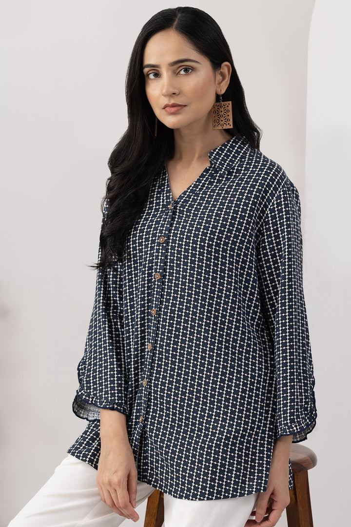 Navy Blue Viscose Slub Printed Shirt with Regular Fit
