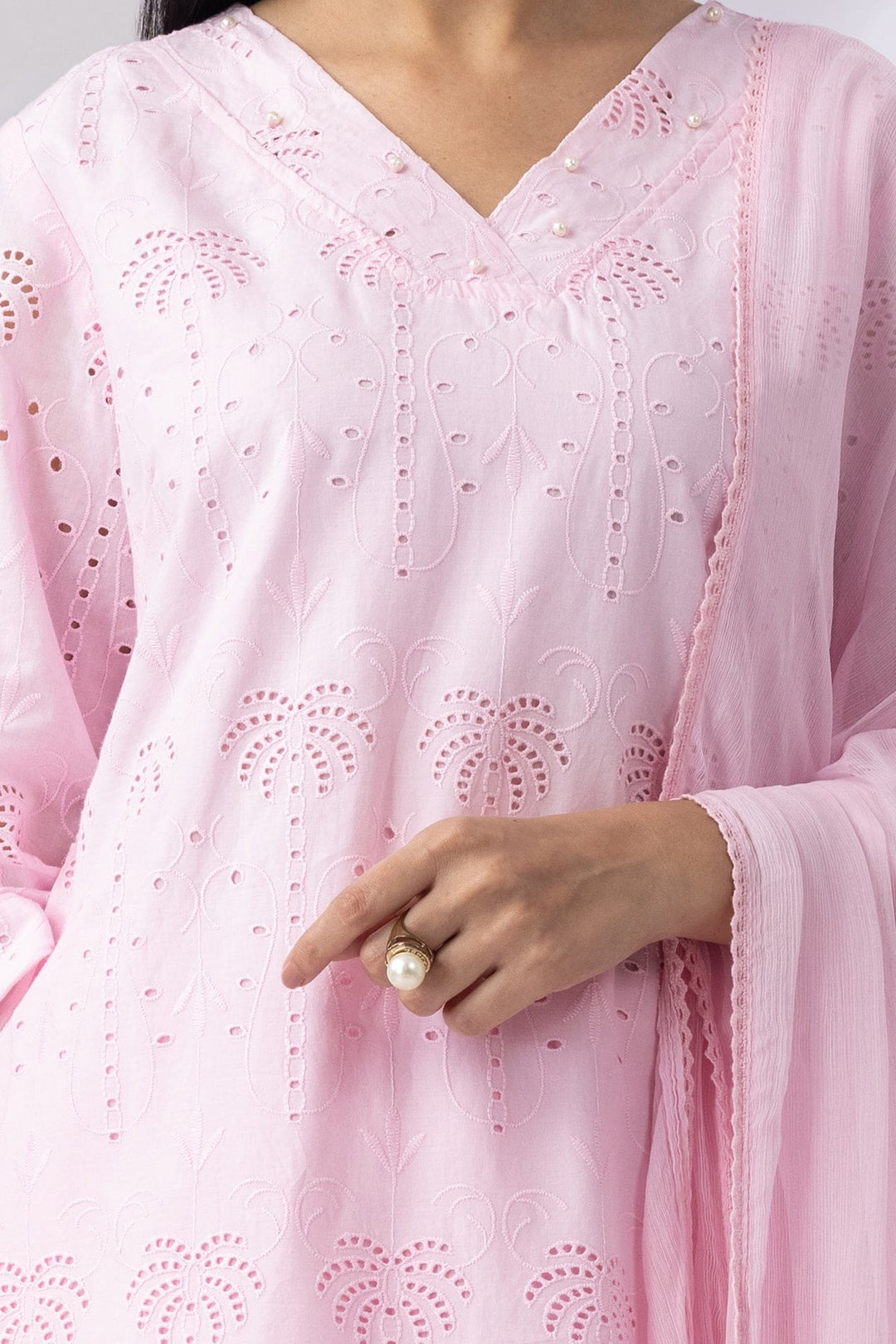 Pink Schiffli Kurti with V-Neck &amp; 3/4th Sleeves