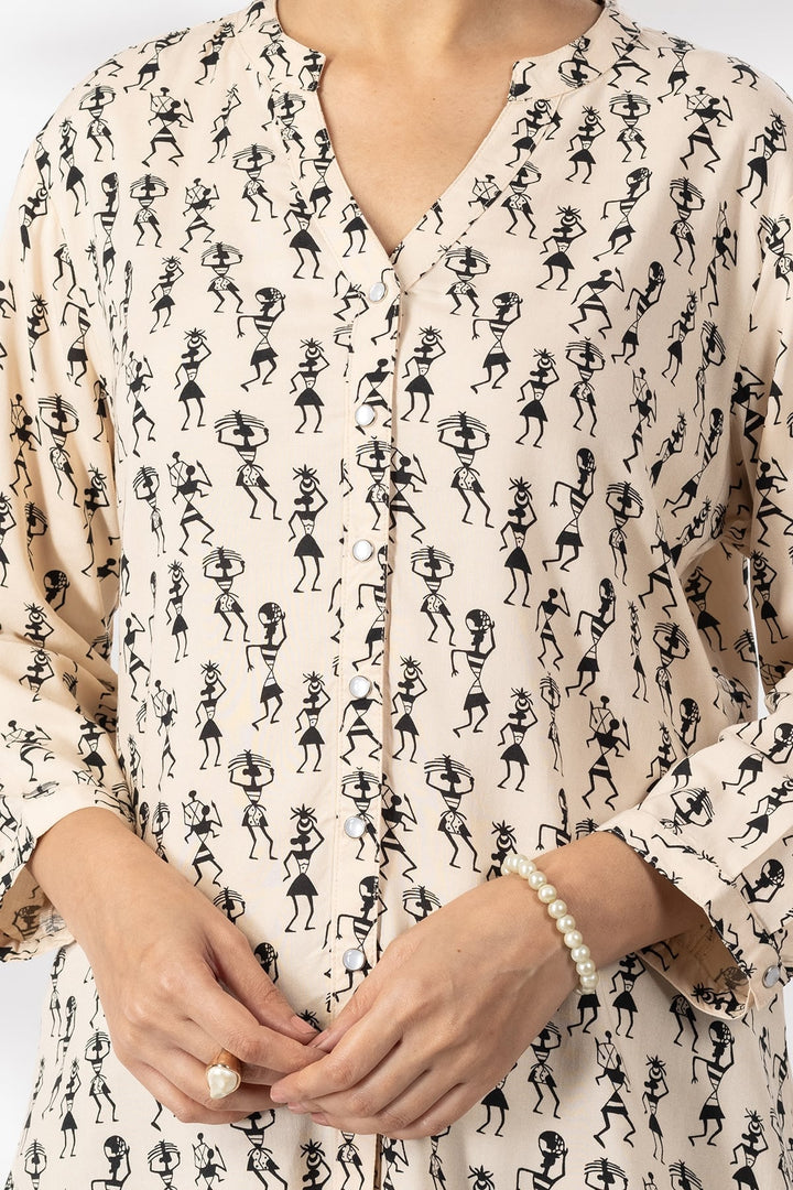 Beige Printed Viscose Shirt with Mandarin Collar