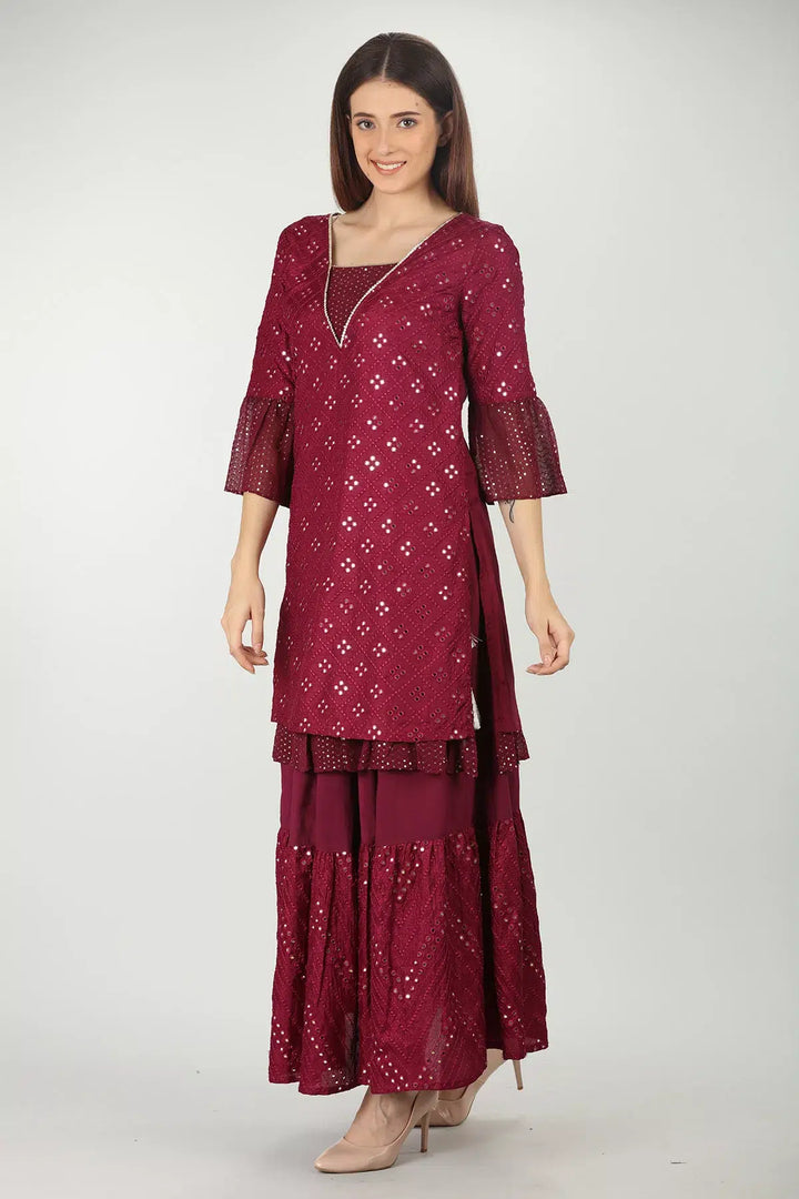 WINE EMBELLISHED V-NECK KURTI