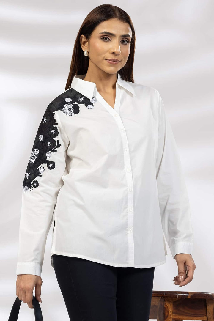 White Embroidered Cotton Shirt with Collared Neck &amp; Full Sleeves