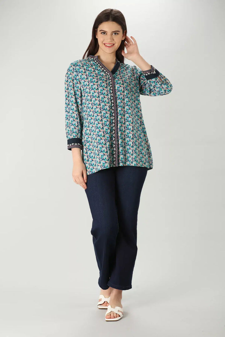 Blue Floral Print Rayon Shirt