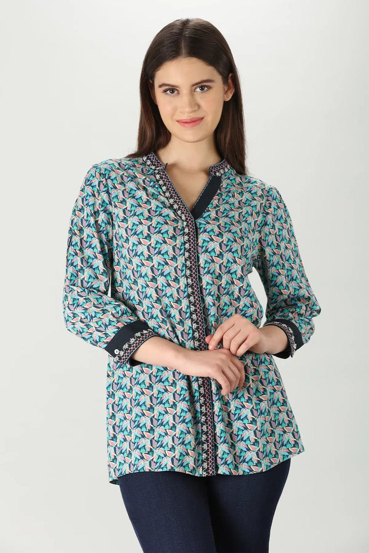 Blue Floral Print Rayon Shirt
