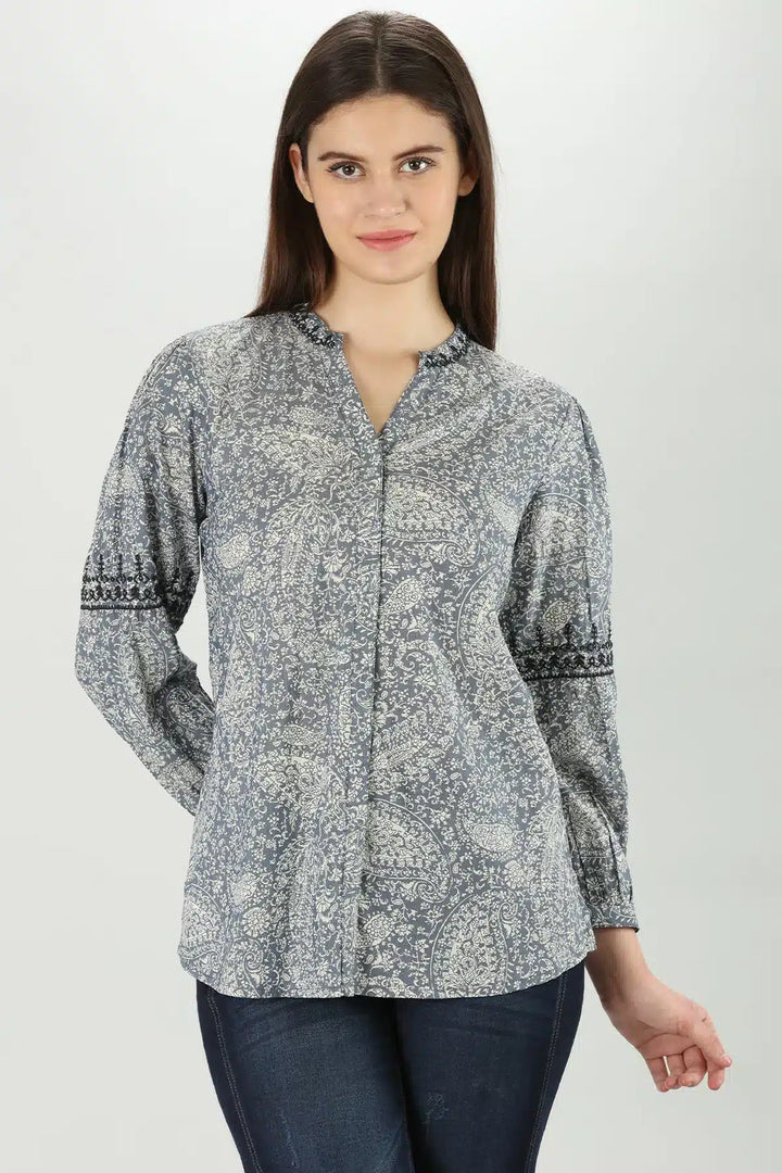 Grey Floral Print Tencel Shirt