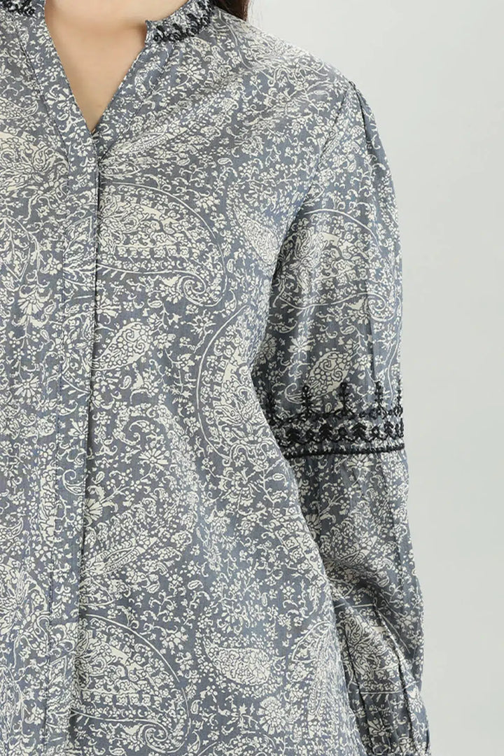 Grey Floral Print Tencel Shirt