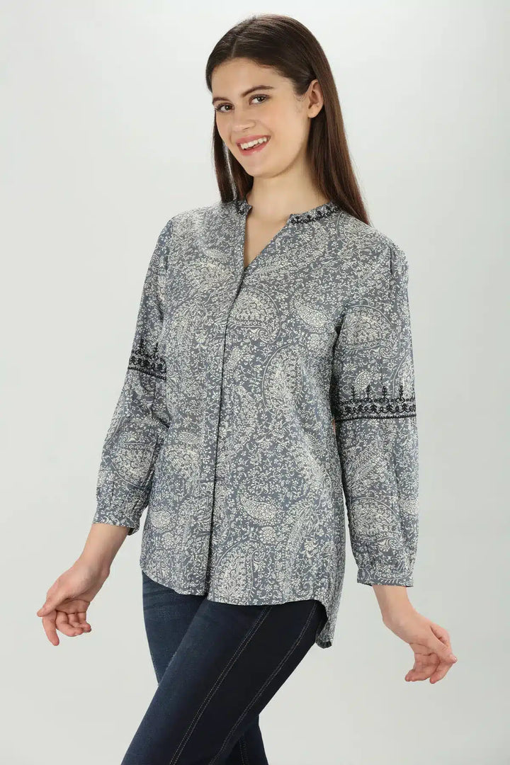 Grey Floral Print Tencel Shirt