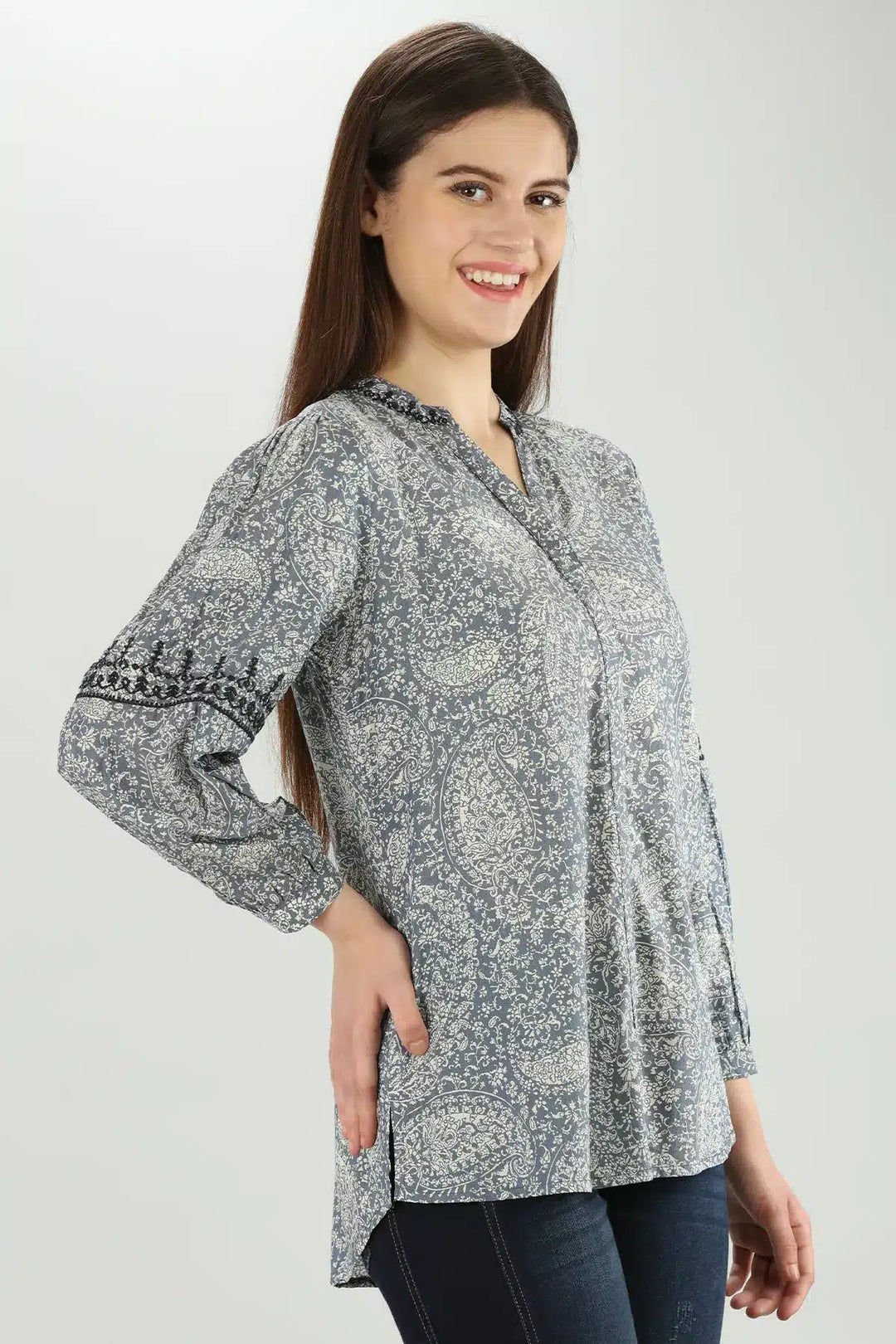 Grey Floral Print Tencel Shirt