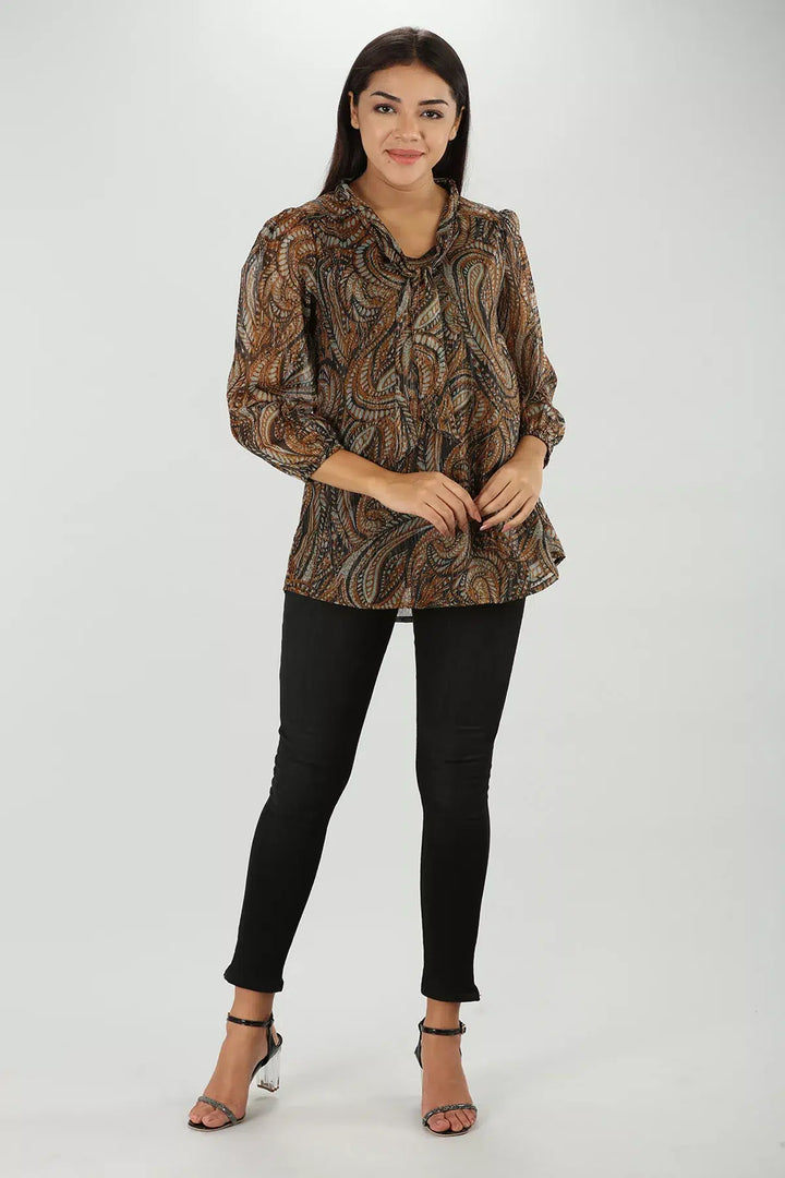 Brown Abstract Lurex Chiffon Top