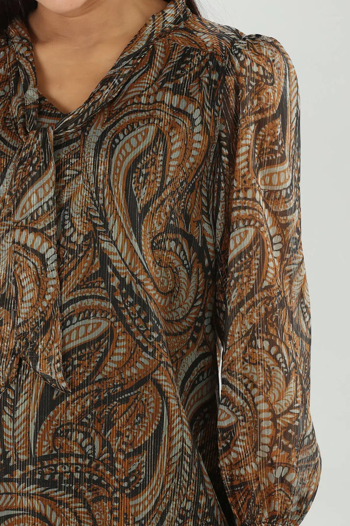 Brown Abstract Lurex Chiffon Top